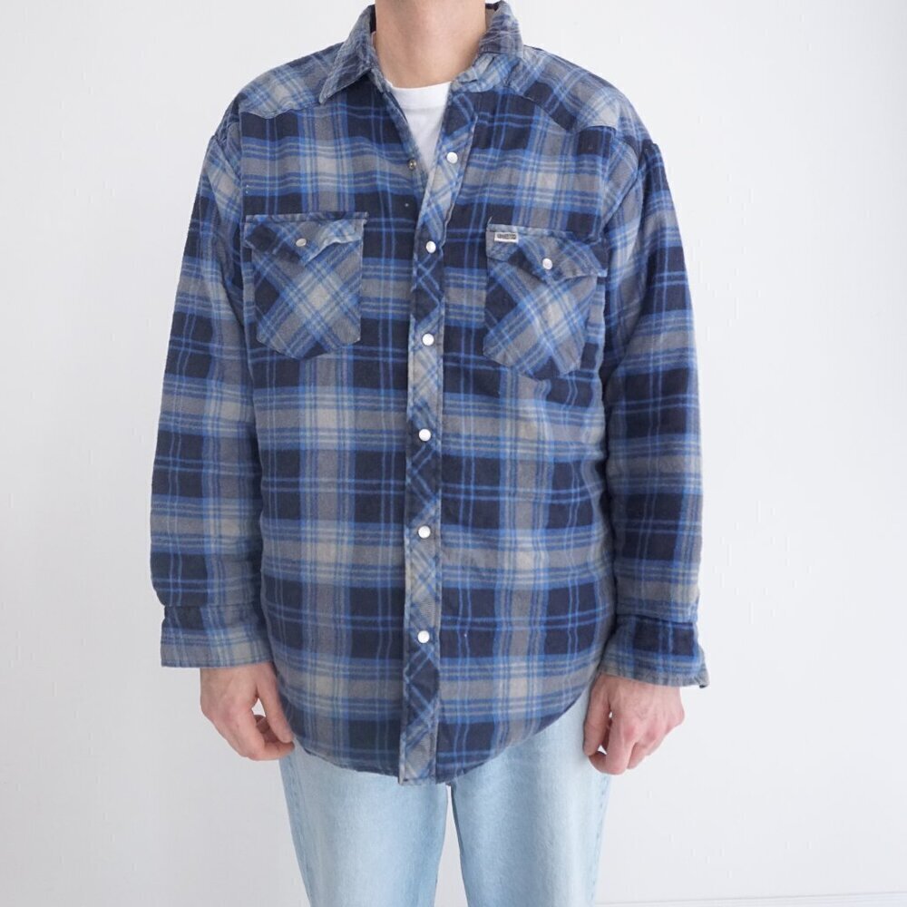 Vintage Kodiak Navy Gray Plaid Quilt Lined Snap Button Outdoor Shacket Large